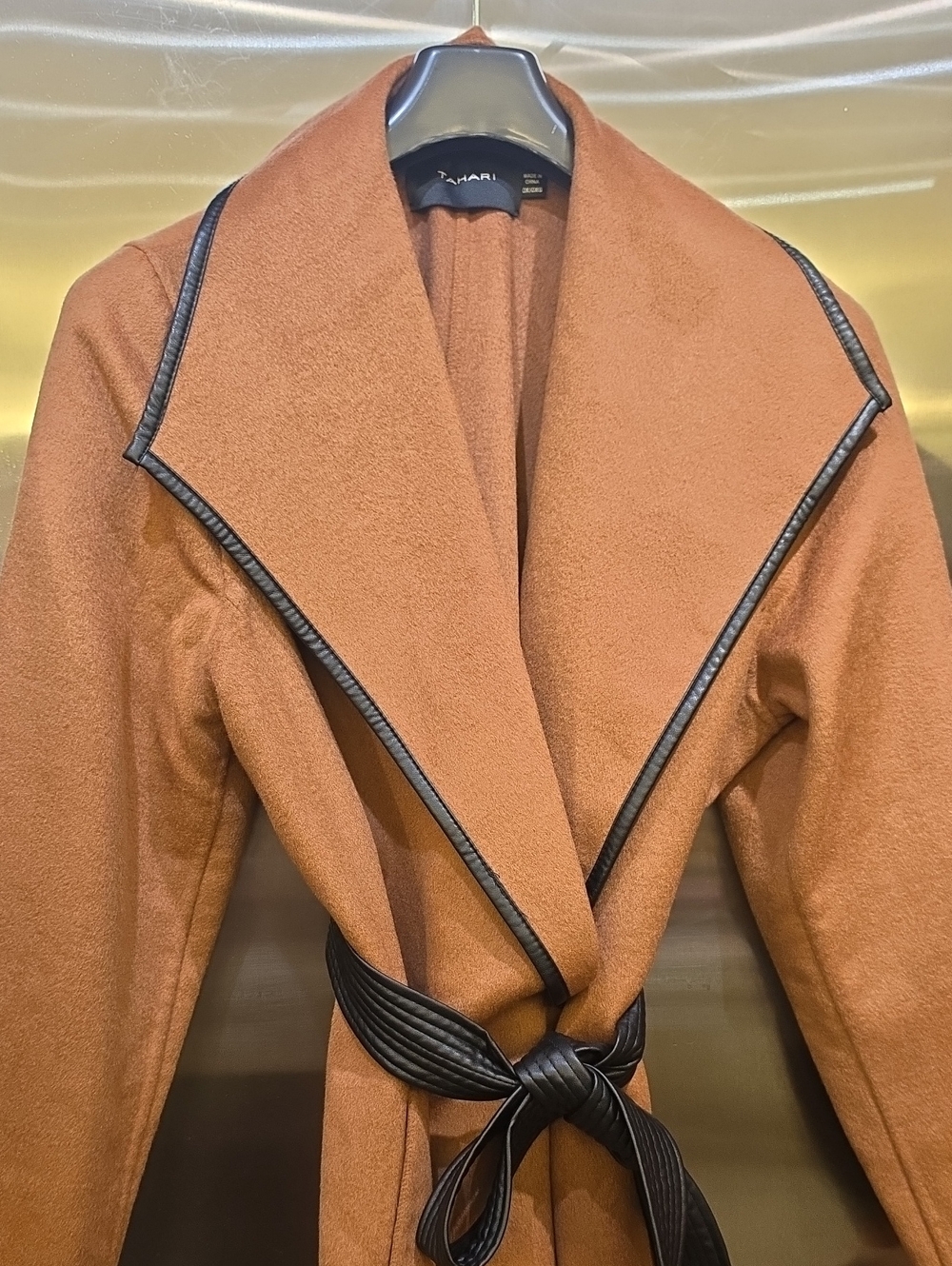 Tahari Camel Wrap Trench Coat with Black Trim
